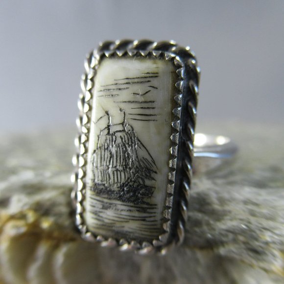 Scrimshaw Tall Ship Sterling Silver Setting Size 6 - Picture 5 of 9